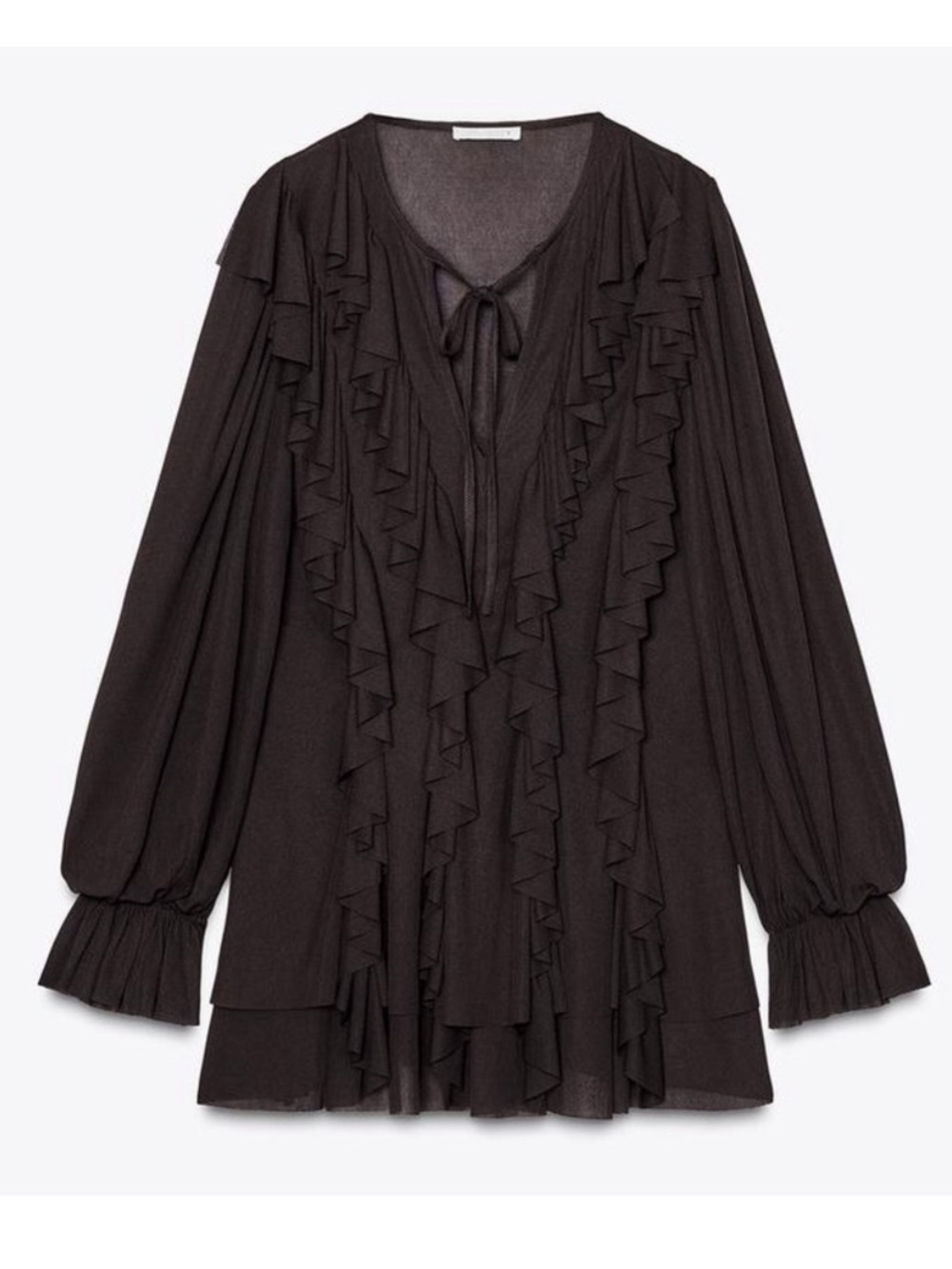 Zara Ruffled Cascading Chocolate Brown Semi Sheer Billowy Boho Mini Dress Medium - Picture 6 of 13
